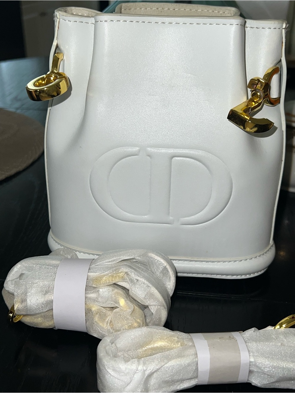 White Mini Bucket Bag with Gold Hardware - Embossed Logo - Picture 2 of 9